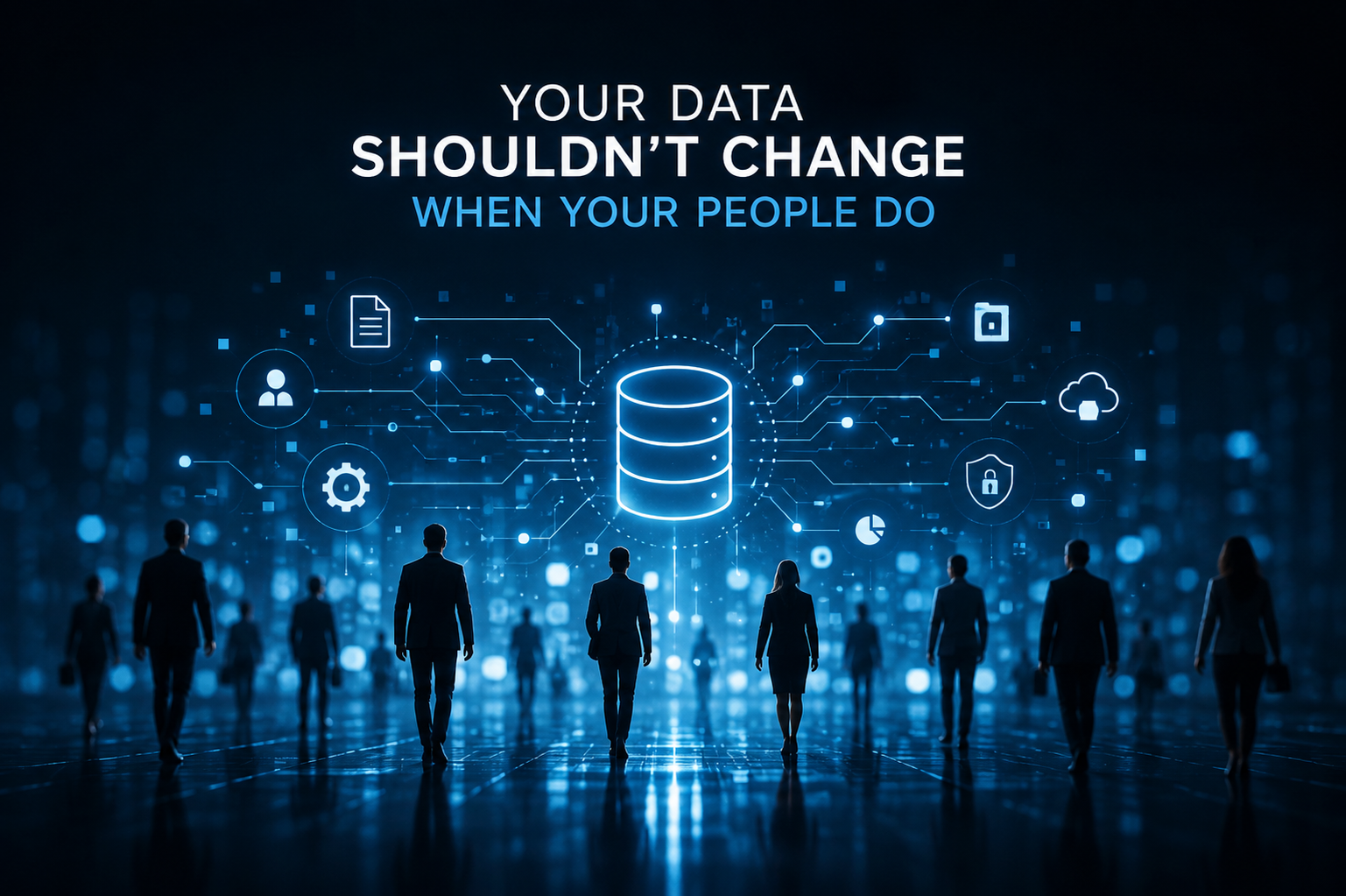 People in business suits walking towards a large digital data storage icon with interconnected technology icons in a futuristic digital environment.