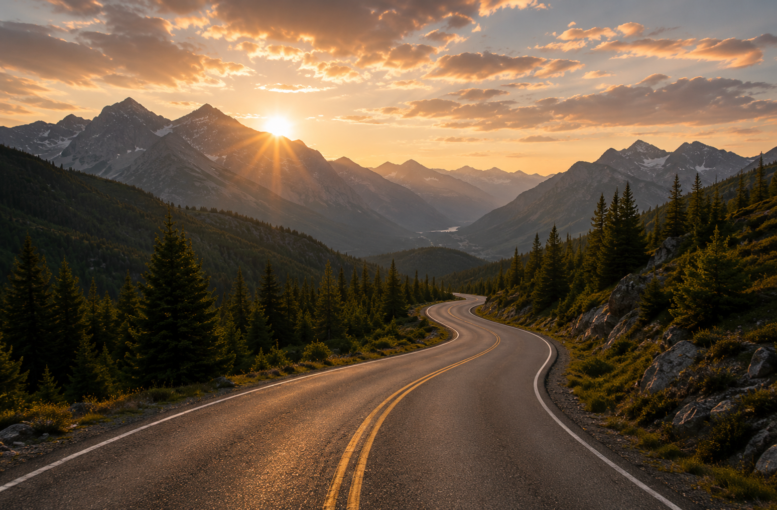 A winding road through a forested mountain valley at sunrise, with snow-capped peaks in the background and clouds in the sky.