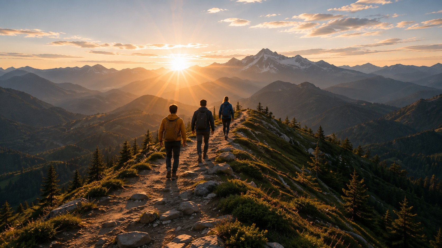 Three hikers walk along a mountain trail at sunset, with snow-capped peaks in the distance and lush green valleys below.