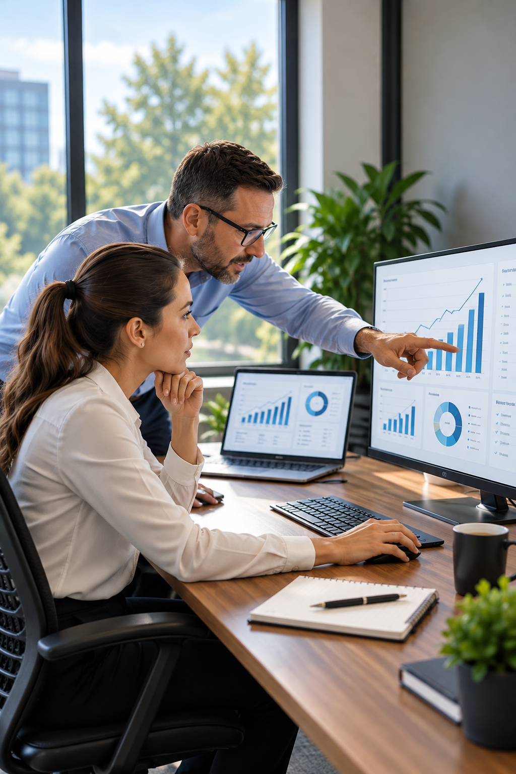 Two colleagues, a man and a woman, analyze business graphs on a computer monitor and laptop in a bright office with large windows and green plants.