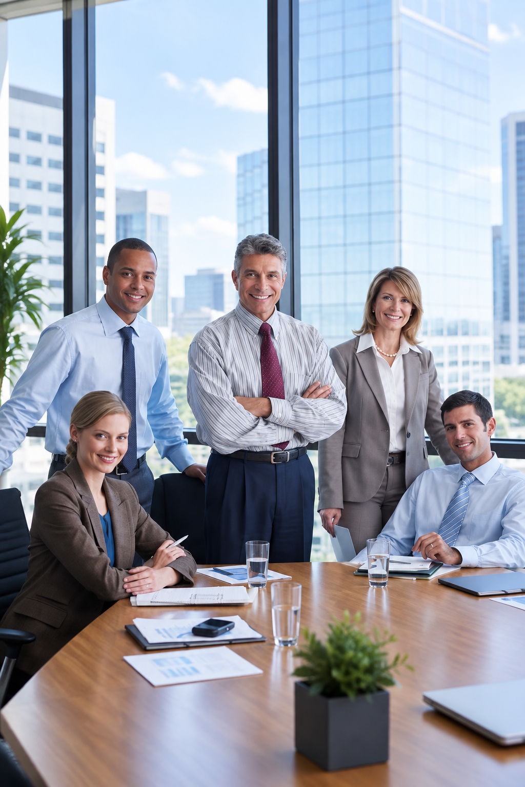 Six professionally dressed people in a business meeting room with large windows and city skyscrapers in the background.