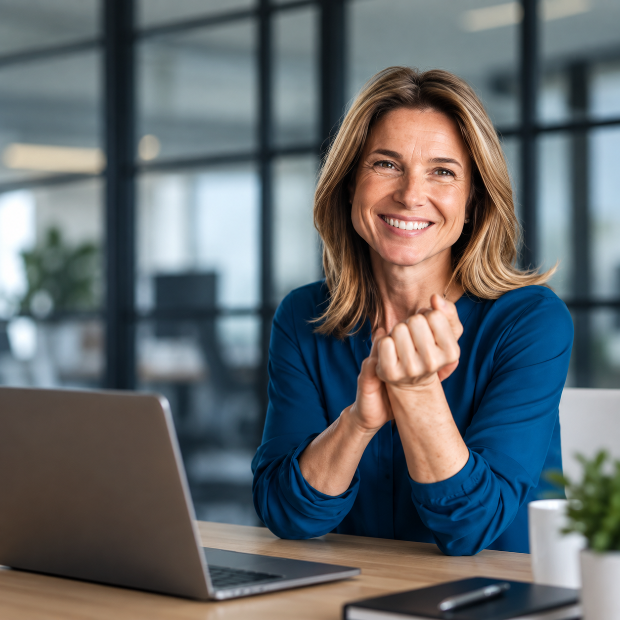 A smiling woman in a blue blouse sitting at a wooden desk in an office, with a laptop, a black notebook, and a pen on the desk, and large windows in the background.