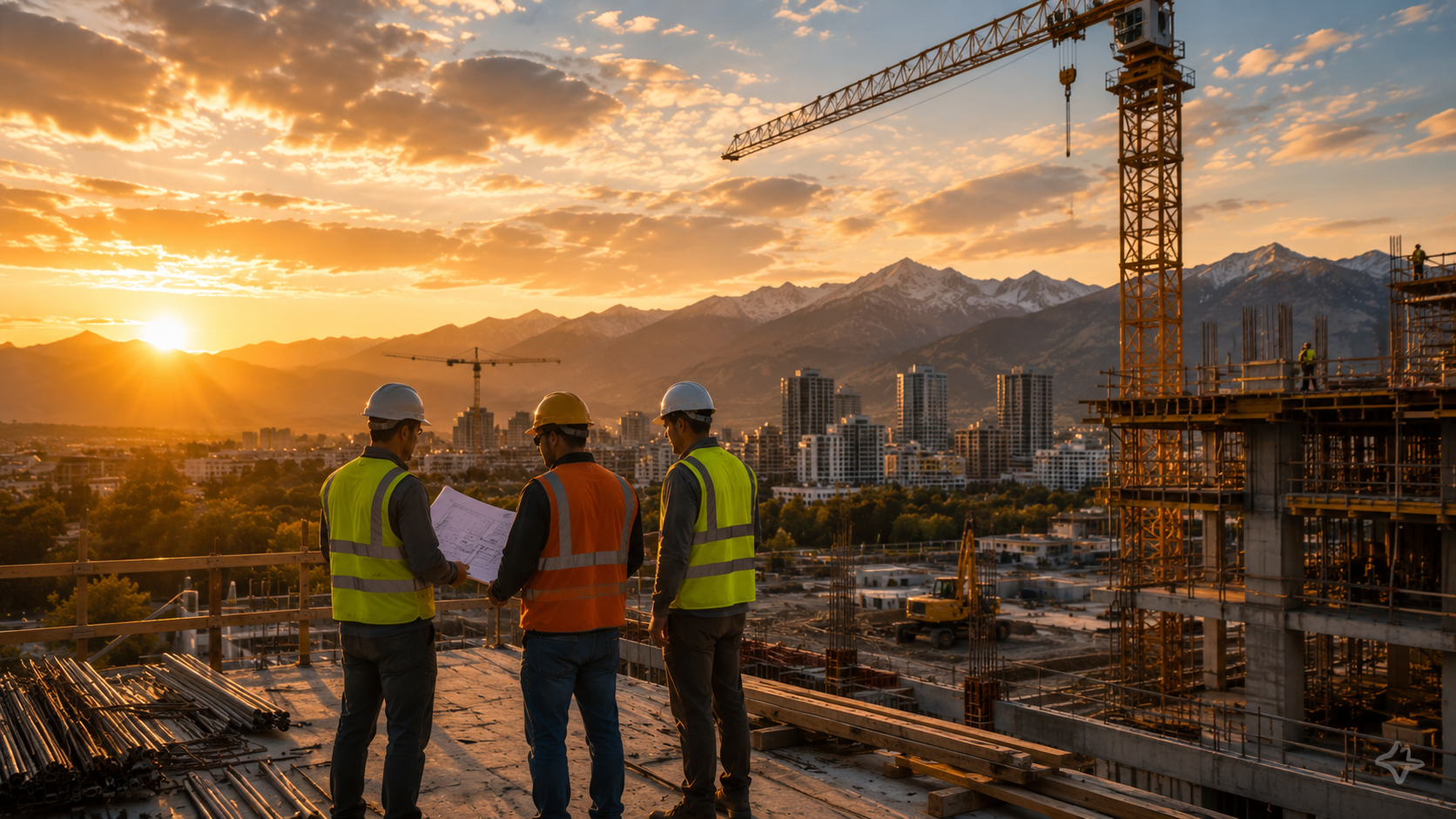 Construction site at sunset with three workers in safety vests and helmets discussing plans, high-rise buildings and mountains in the background.