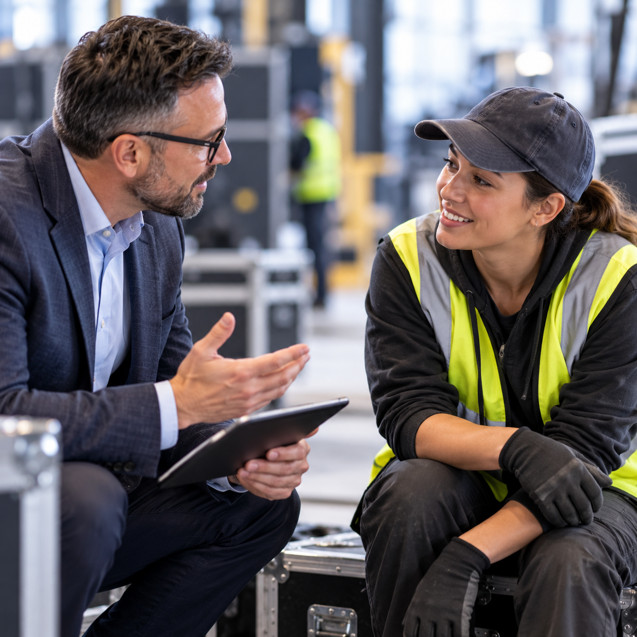 A man in a suit and woman in safety vest and cap having a conversation in a warehouse.