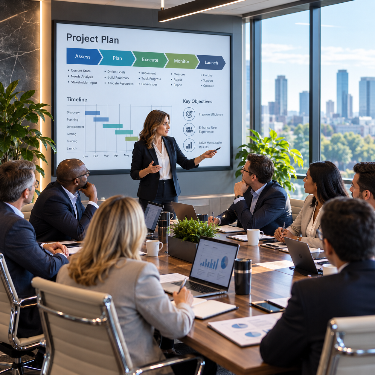 A businesswoman presents a project plan on a large screen to a group of professionals in a modern conference room with large windows and city skyline views.