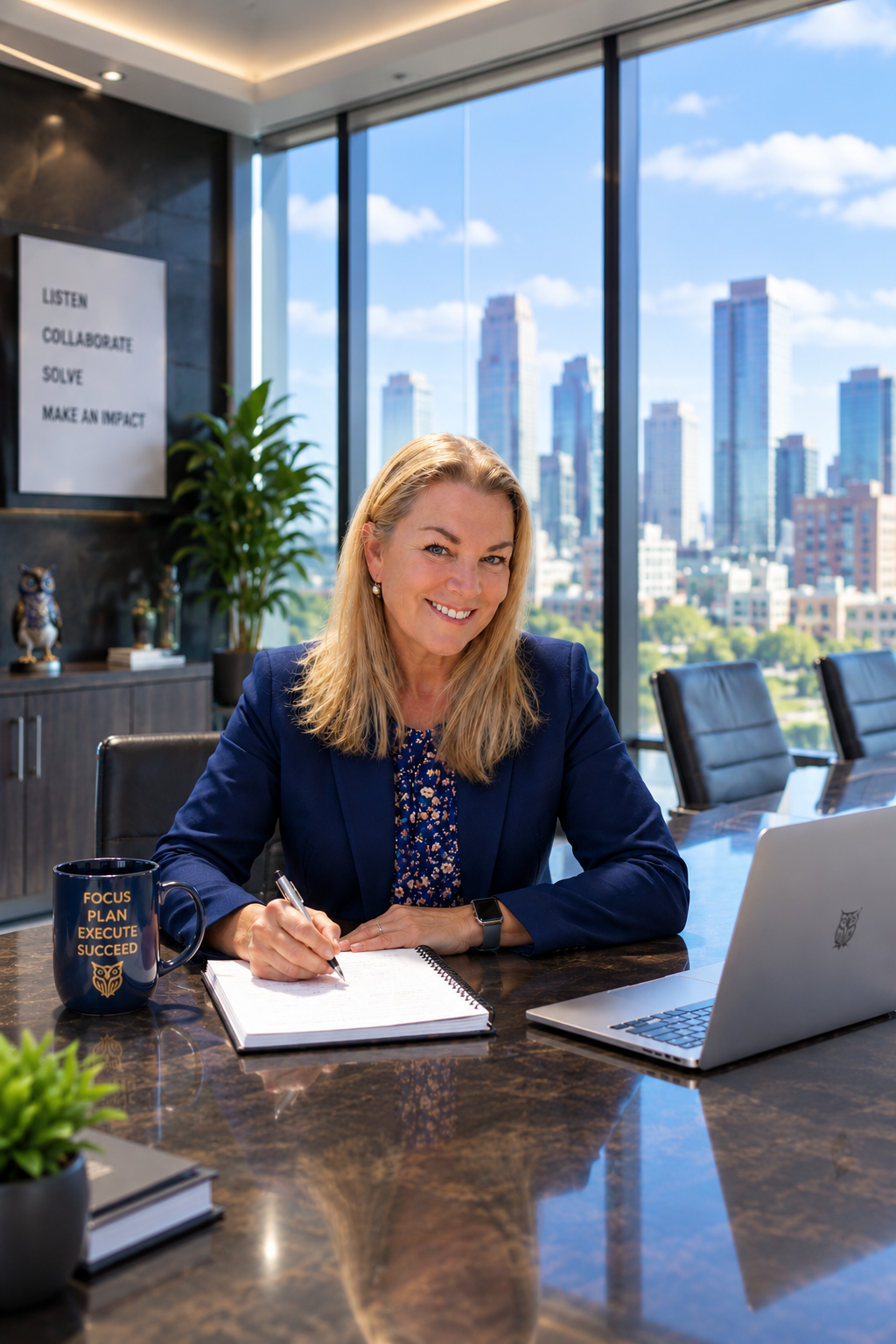 A smiling woman in a navy blazer and patterned blouse sits at a conference table in a modern office, writing in a notepad. On the table are a black coffee mug with motivational words, a laptop, a plant, and a closed book. The office has large windows with a city skyline view and a wall-mounted display with words: listen, collaborate, solve, make an impact.