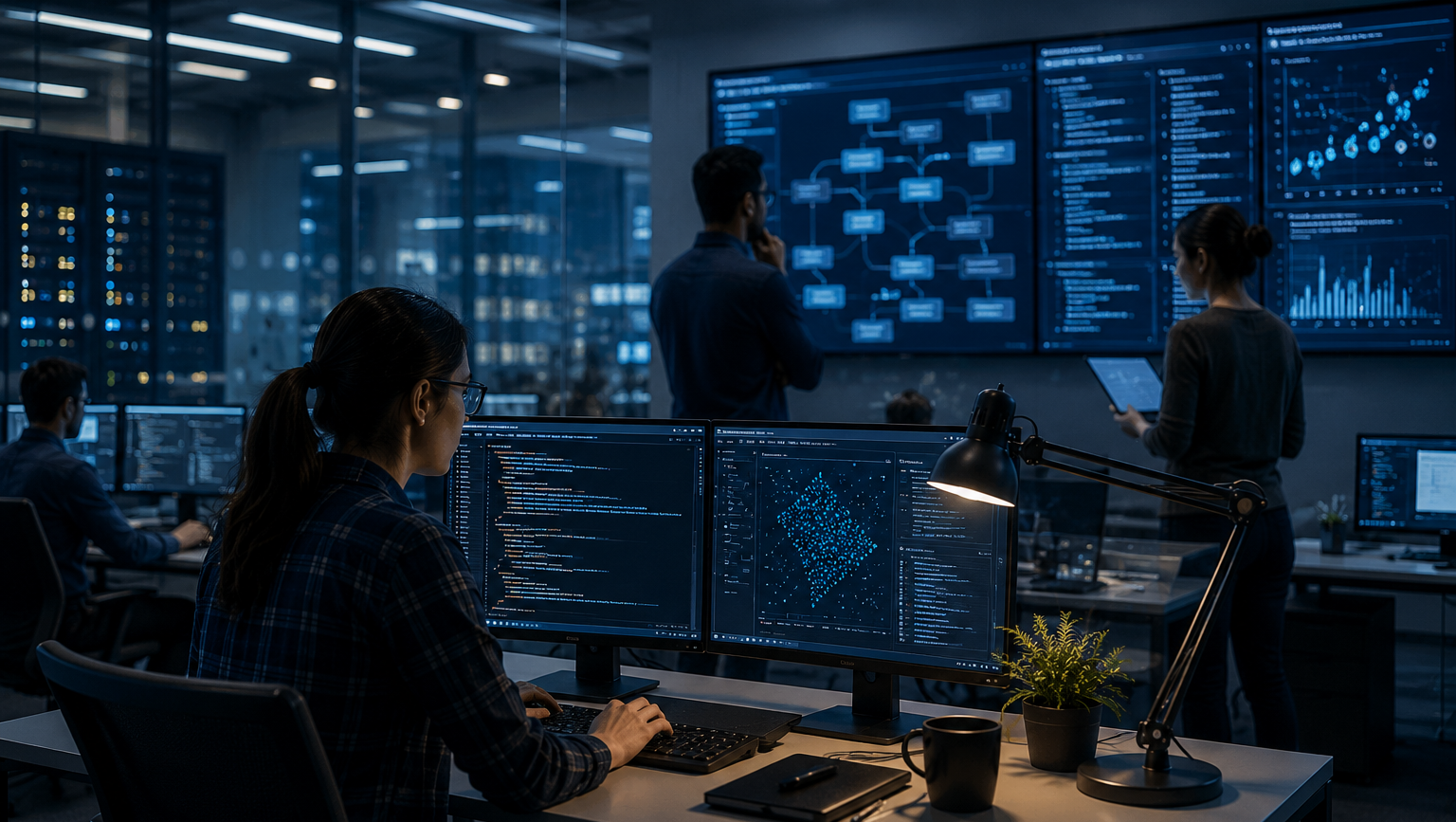 Office environment with multiple employees working on computers, large digital screens displaying data and diagrams on the wall, dim lighting, and cityscape visible through large windows.