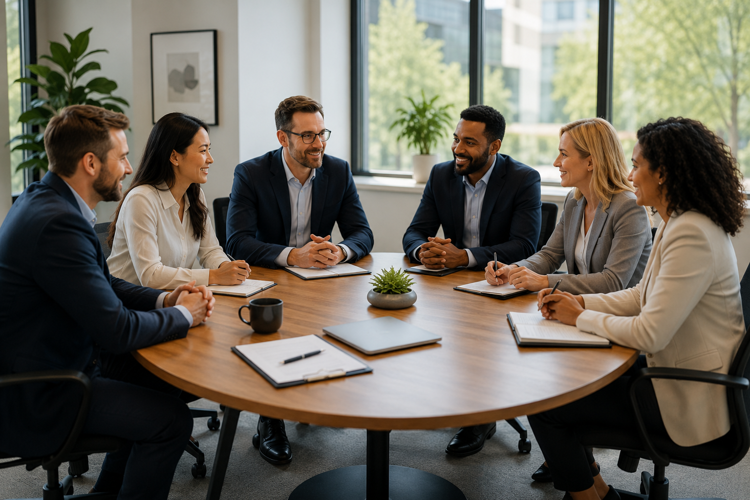 People sitting around a conference table having a meeting in a modern office with large windows and plants.