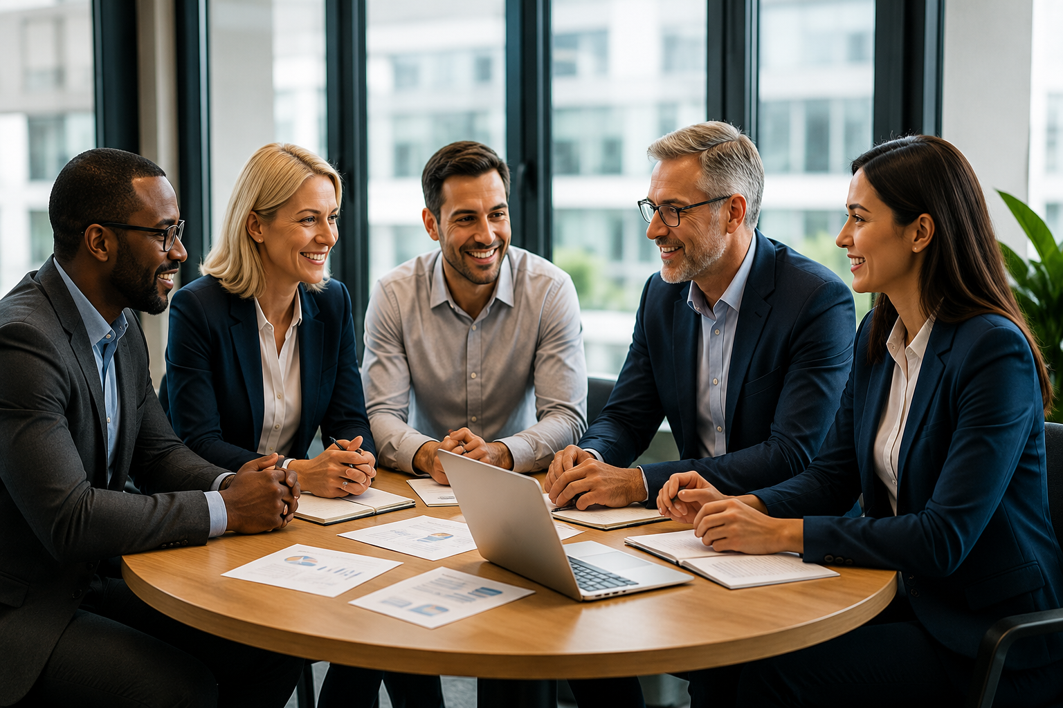 Five diverse business professionals sitting at a round table in a modern office, engaged in a meeting, smiling, with documents and a laptop on the table.