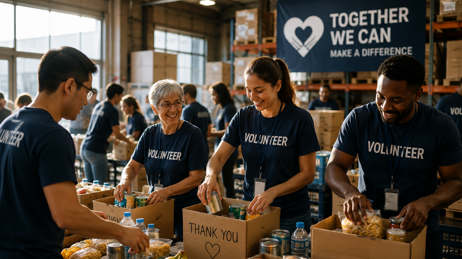 Volunteers in blue shirts packing food donations in a warehouse with a 'Together We Can Make a Difference' banner in the background.