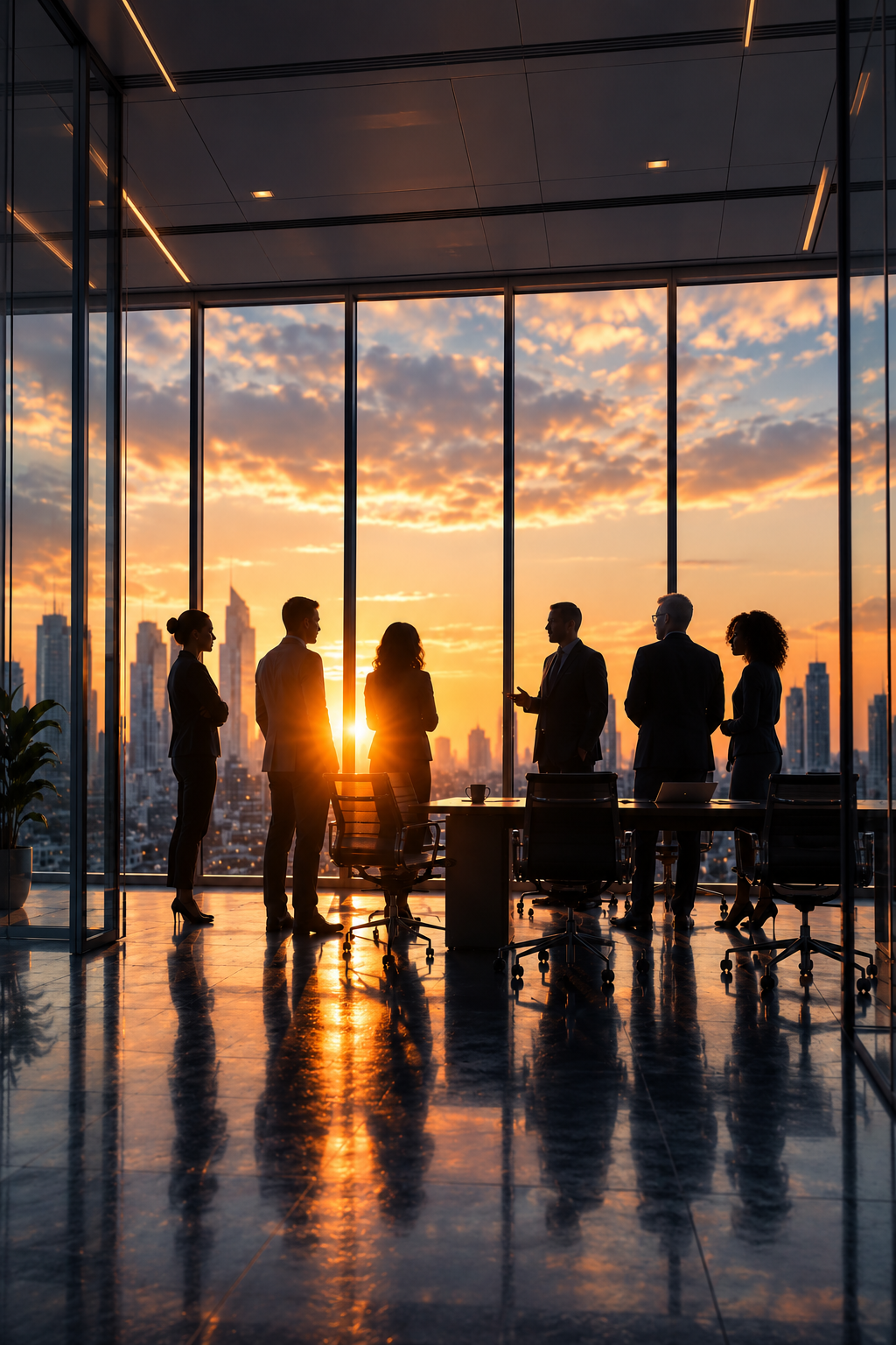 Silhouetted businesspeople in a conference room with floor-to-ceiling windows at sunset, overlooking a city skyline.