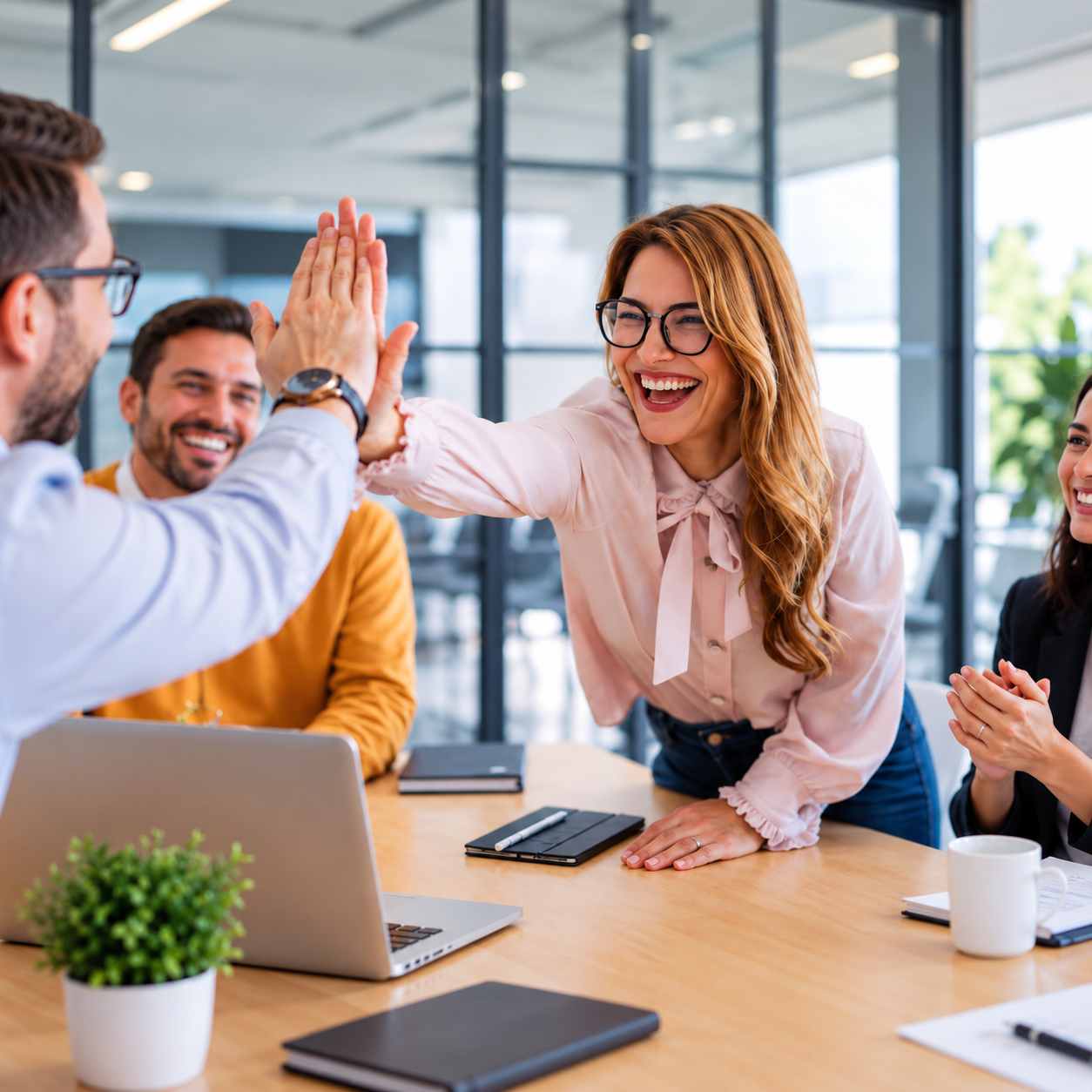 A group of colleagues in an office celebrating with a high five.