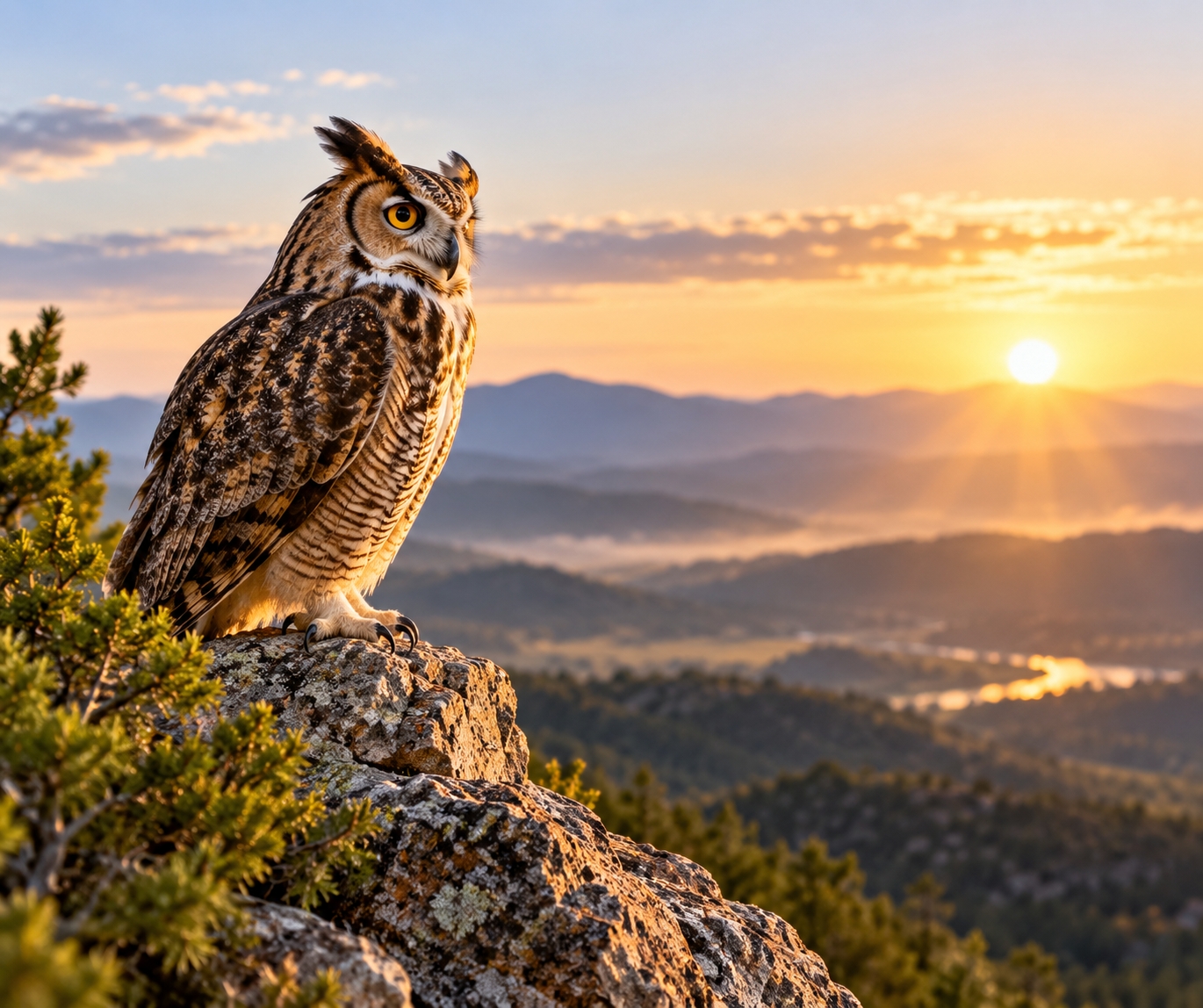 Photograph of a majestic owl perched on a rocky ledge during sunset, overlooking a mountain landscape with a river winding through the valley.