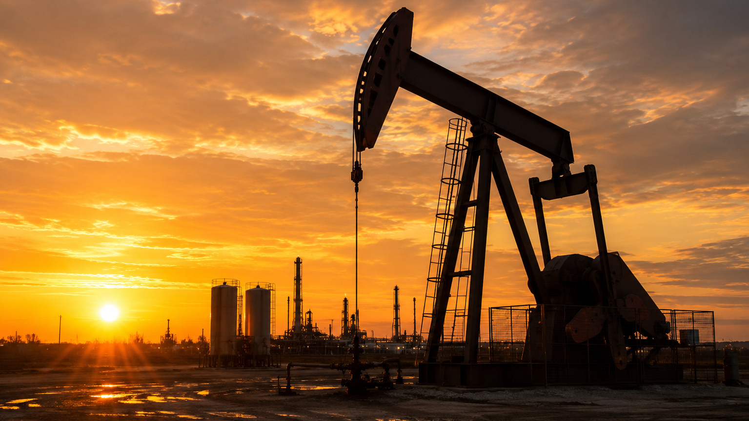 Oil pumpjack at sunset with an orange sky and reflections on the ground.