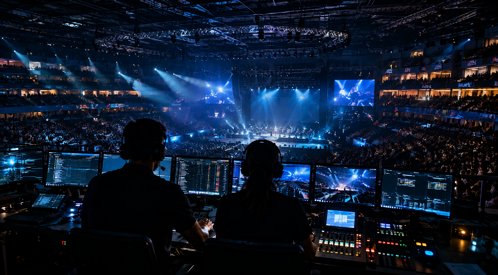 Two sound and lighting technicians working at their station with multiple monitors, overlooking a large concert hall filled with an audience, stage, and big screens displaying visuals, with blue and white concert lighting.