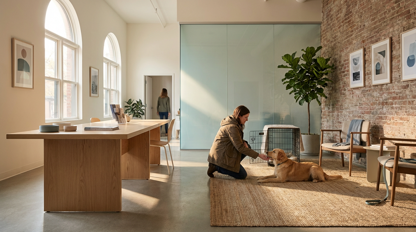 A woman kneeling on a rug petting a golden retriever dog lying on the floor inside an office or studio with large windows, artwork on the walls, a potted plant, chairs, and a glass partition.
