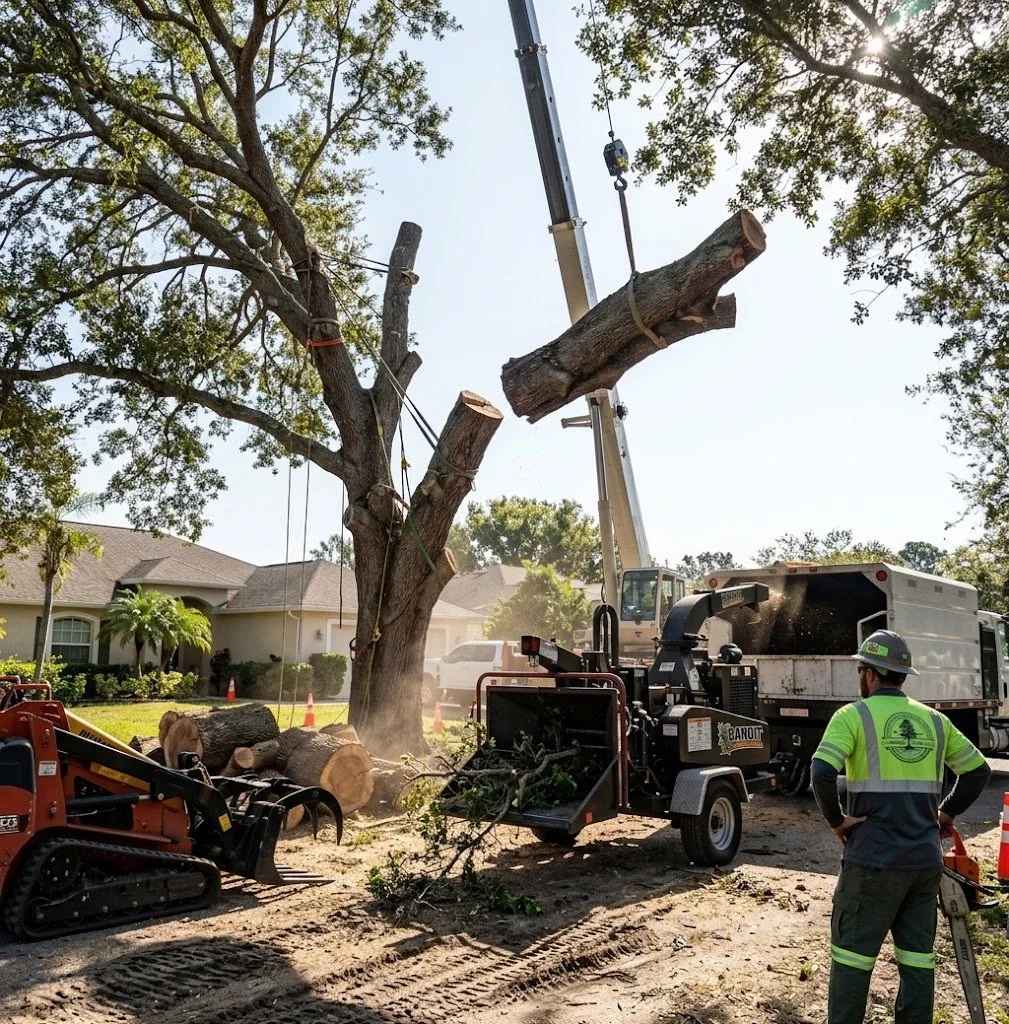 Tree removal operation with a crane lifting a large tree branch, worker in safety gear watching, and a wood chipper processing fallen branches in a residential neighborhood.