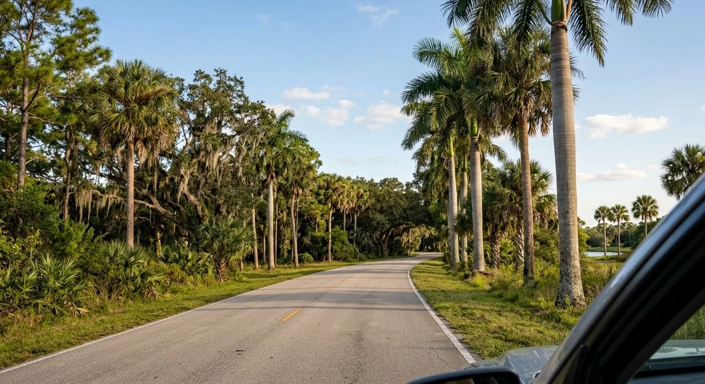 A scenic rural road lined with tall palm trees, surrounded by lush green vegetation, with a clear blue sky and a few scattered clouds.