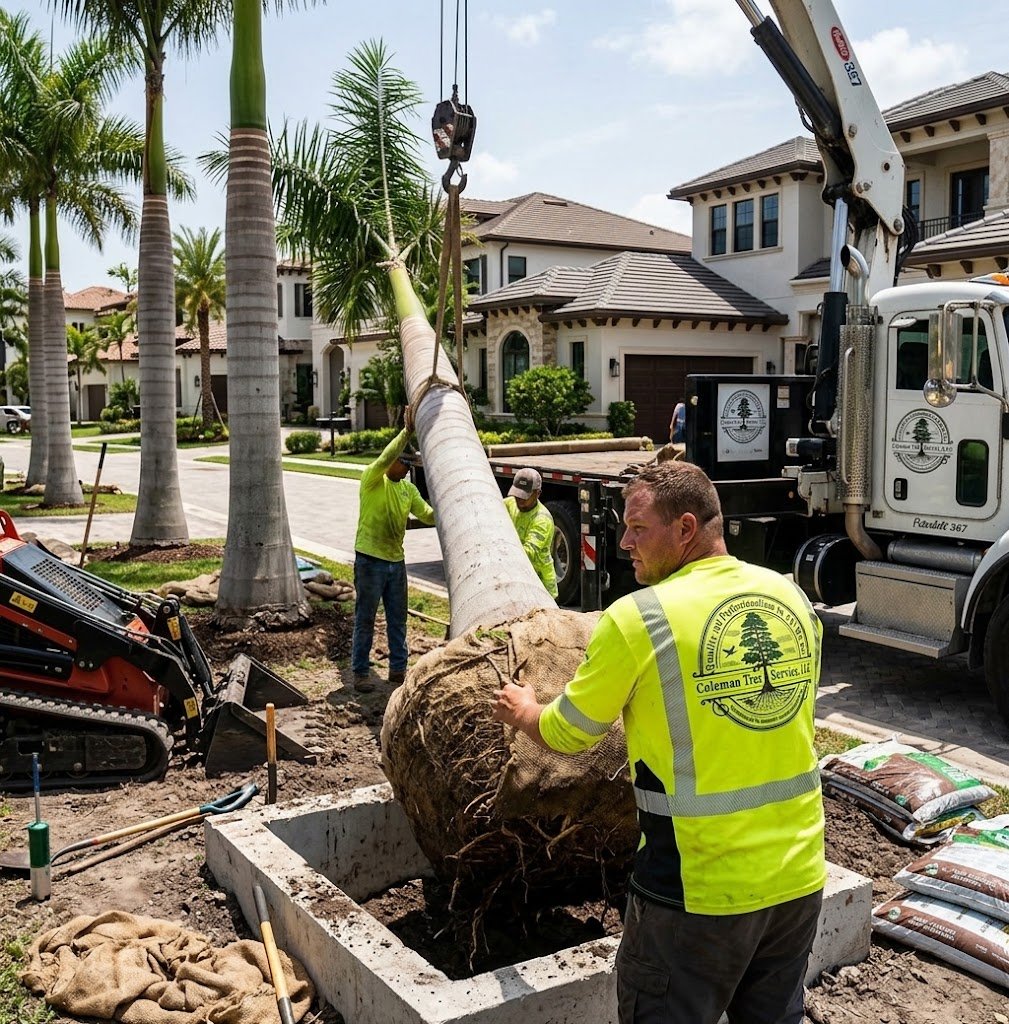 Workers planting a large palm tree in a residential neighborhood, with a crane assisting and houses in the background.