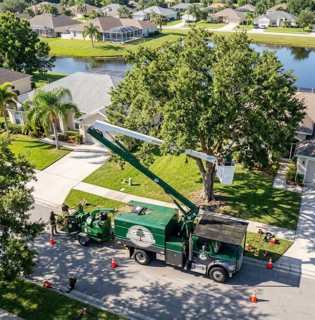 Tree trimming workers using a lift bucket attached to a service truck to trim the branches of a large tree in a suburban neighborhood. The truck is parked on the street with safety cones around it.