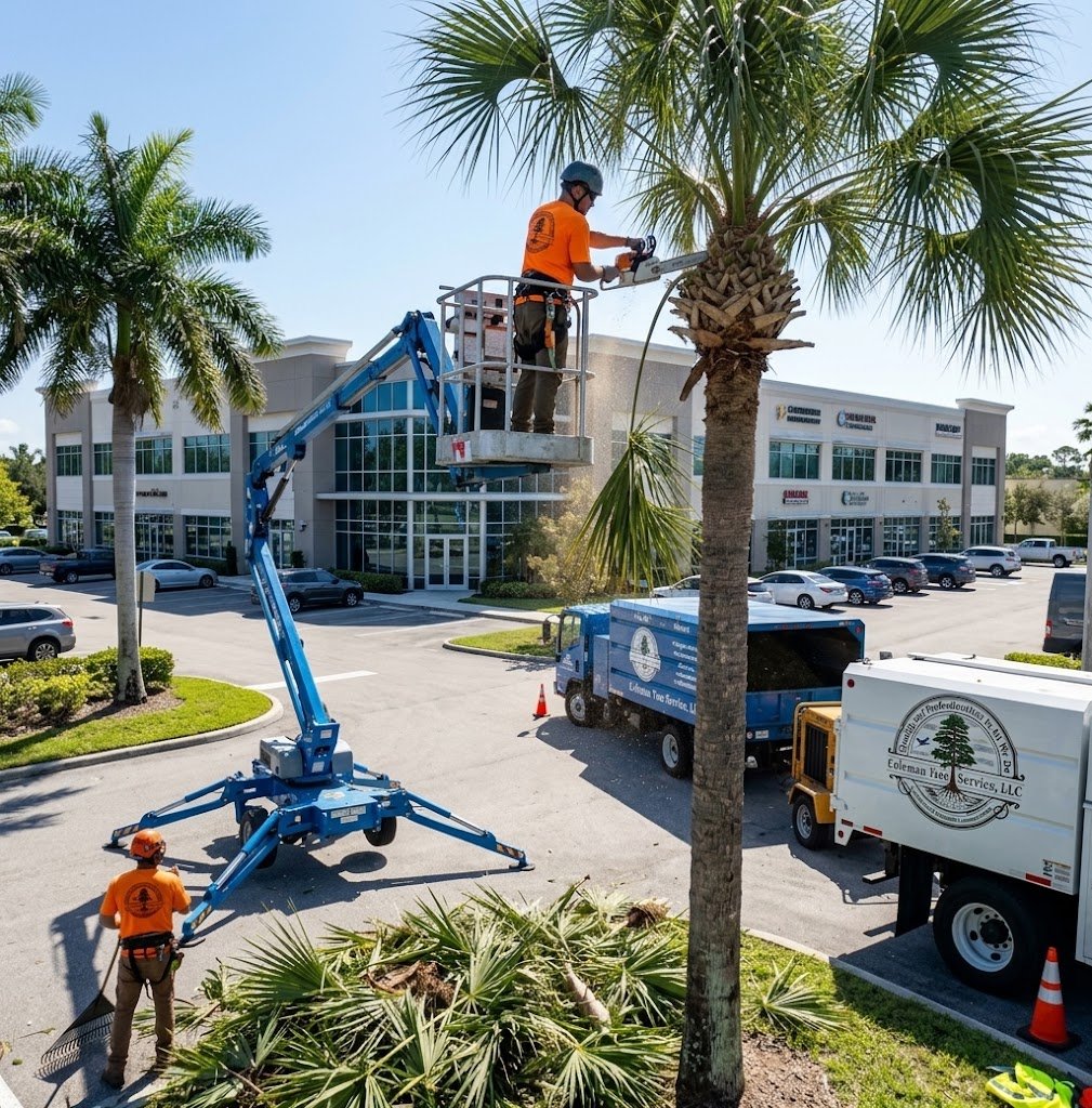 Tree trimmer on a lift cutting branches from a palm tree in a parking lot.