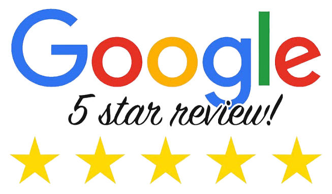 Google logo with five-star review and handwritten note '5 star review!'