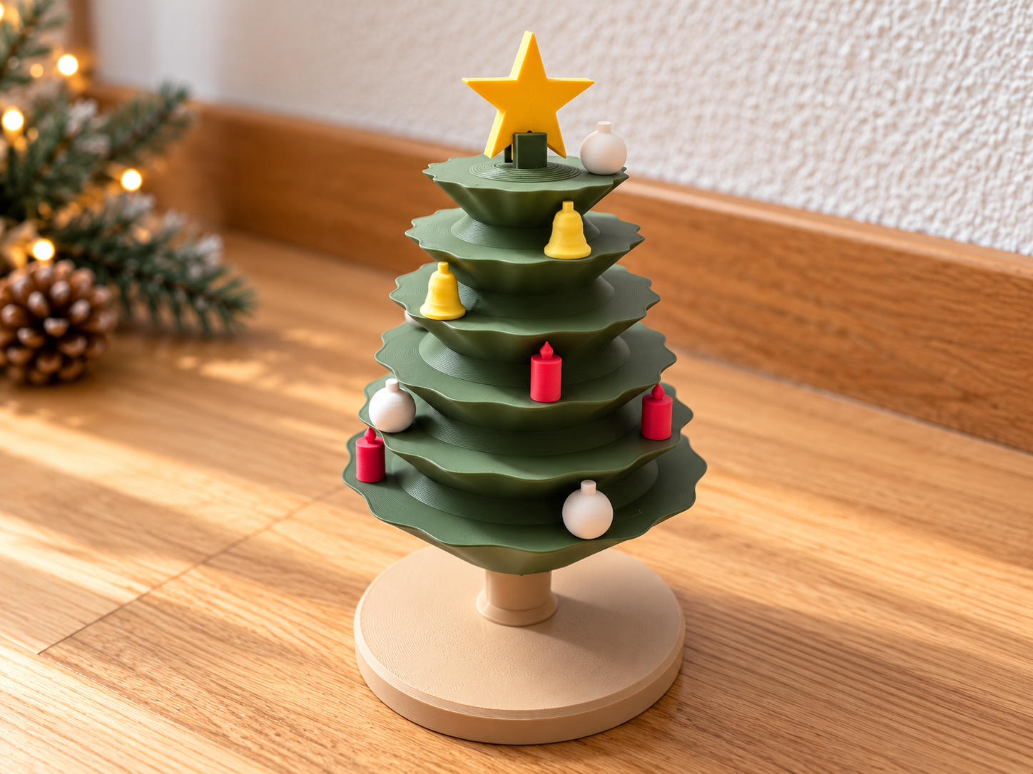 3D-gedruckter Weihnachtsbaum zum Schmücken mit gesteckten Kugeln, Glocken und Kerzen