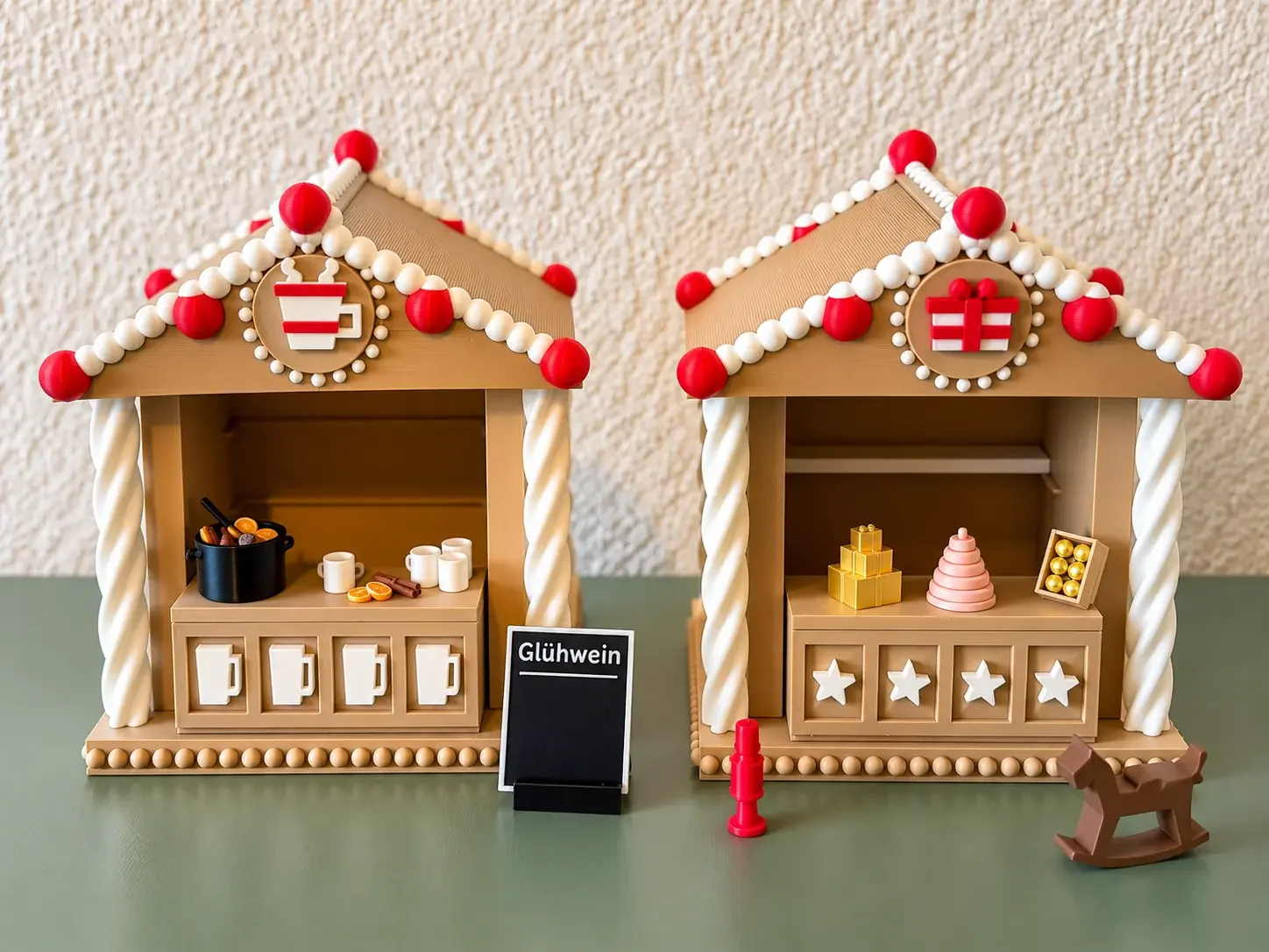 Weihnachtsmarkt aus dem 3D-Drucker mit Glühweinstand, Geschenkestand und Weihnachtsbaum