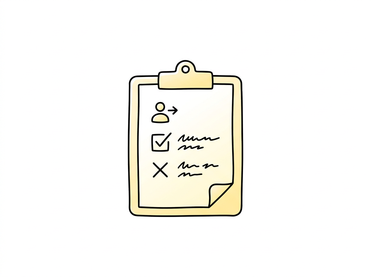 Illustratie van een notitieblok met een checkbox, een menselijk pictogram met pijl naar rechts, en twee opties met vink en kruis. Echte tekst is niet leesbaar.