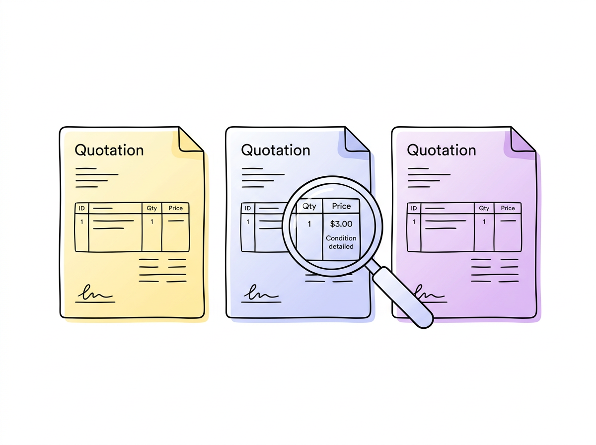 Illustratie van drie offerte documenten in verschillende kleuren met een vergrootglas dat naar de prijs van $3.00 in het middelste document wijst.