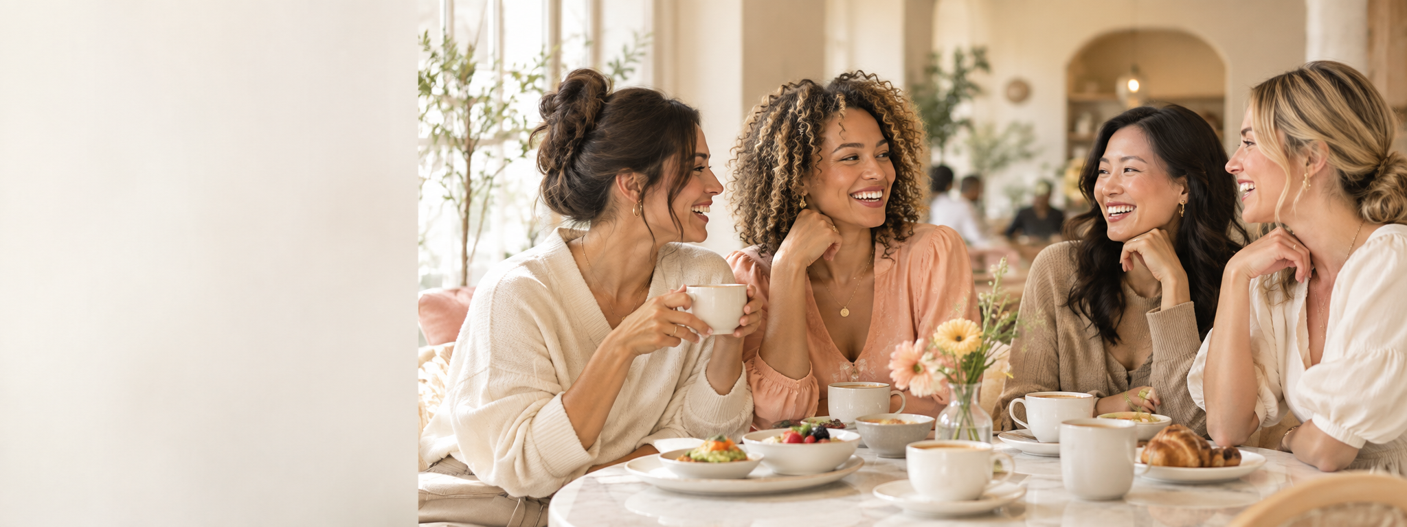 Four diverse mothers sharing coffee and conversation at a Sunday Mom Social gathering