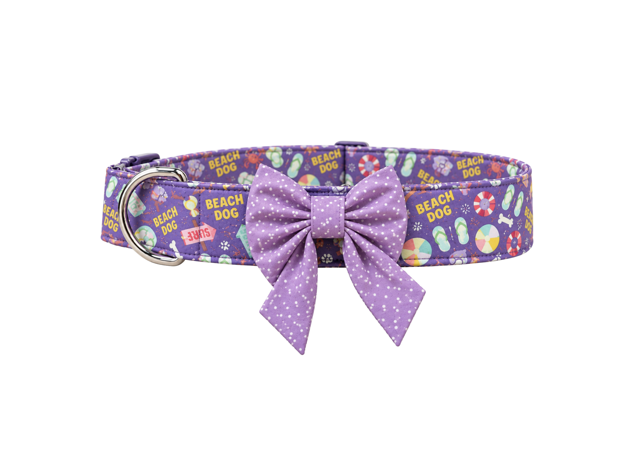 Purple dog collar with a large polka dot bow, with a pattern of beach-themed icons such as lifebuoys, surfboards, flip-flops, and the words "Beach Dog".