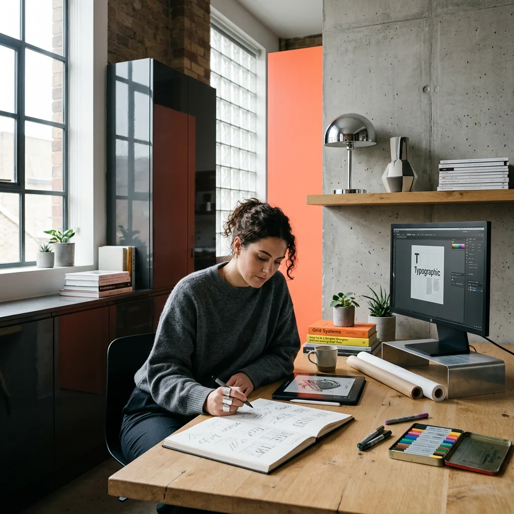 A woman sitting at a desk working on graphic design sketches with a computer, tablet, and art supplies in a modern office with large windows and decorative items.