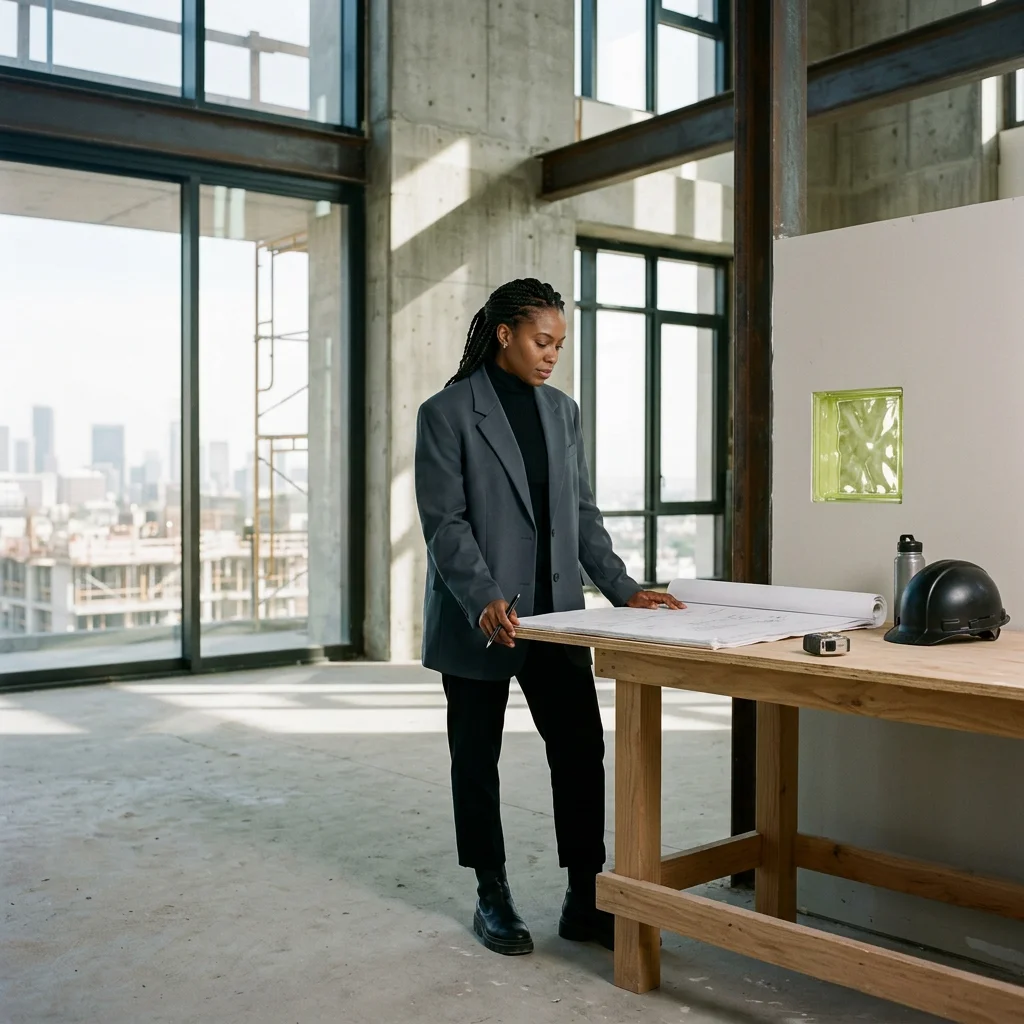 A woman in a gray blazer reviews blueprints at a construction site indoors with large windows and city view.