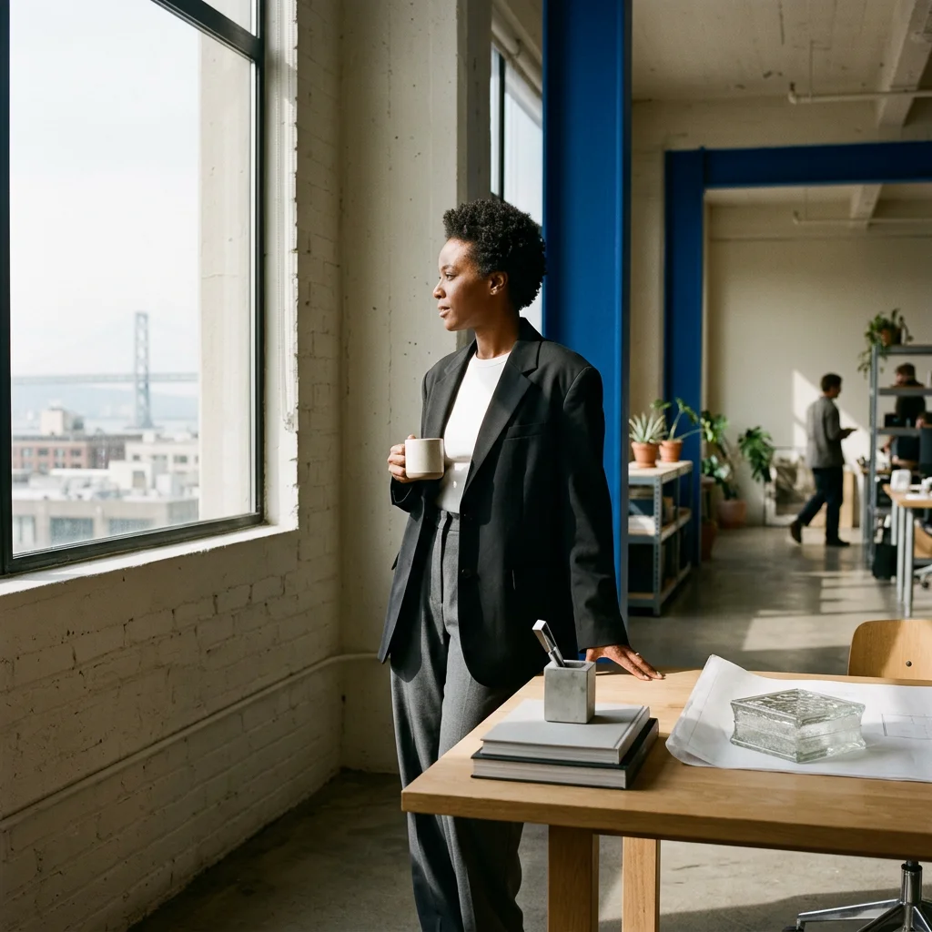 Businesswoman with natural hair holding a coffee mug looking out the window in an office with plants and people working in the background.