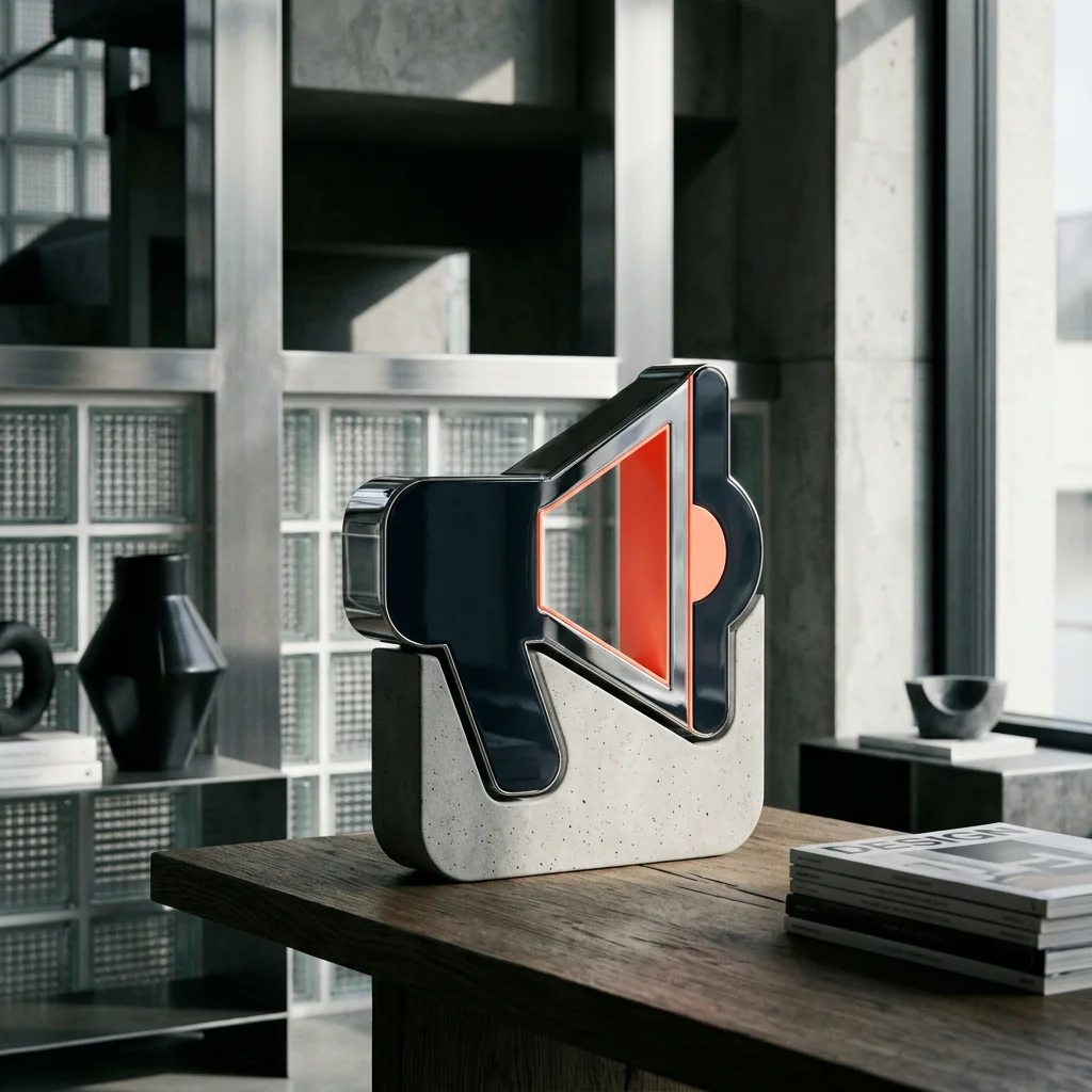 A modern decorative lamp shaped like a loudspeaker on a concrete base, placed on a wooden table in a contemporary interior.