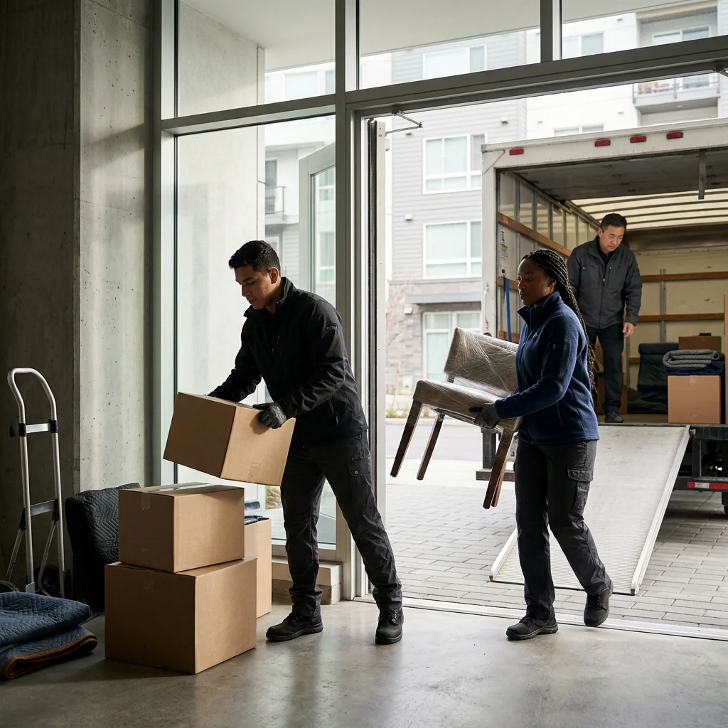 Three movers loading cardboard boxes and furniture into a truck outside a modern apartment building.