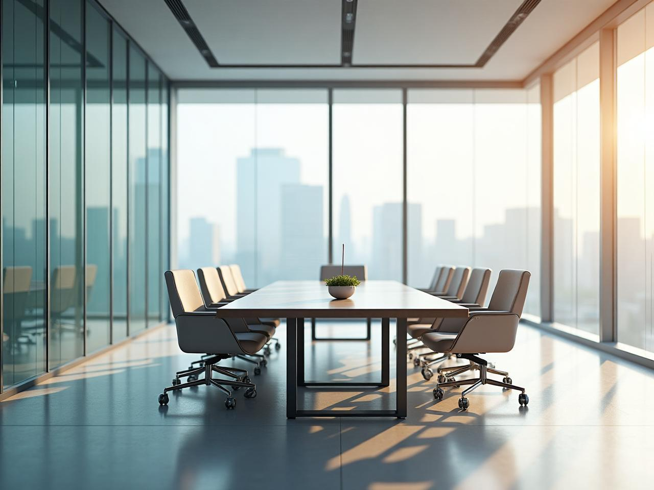 Modern conference room with a city skyline and natural light