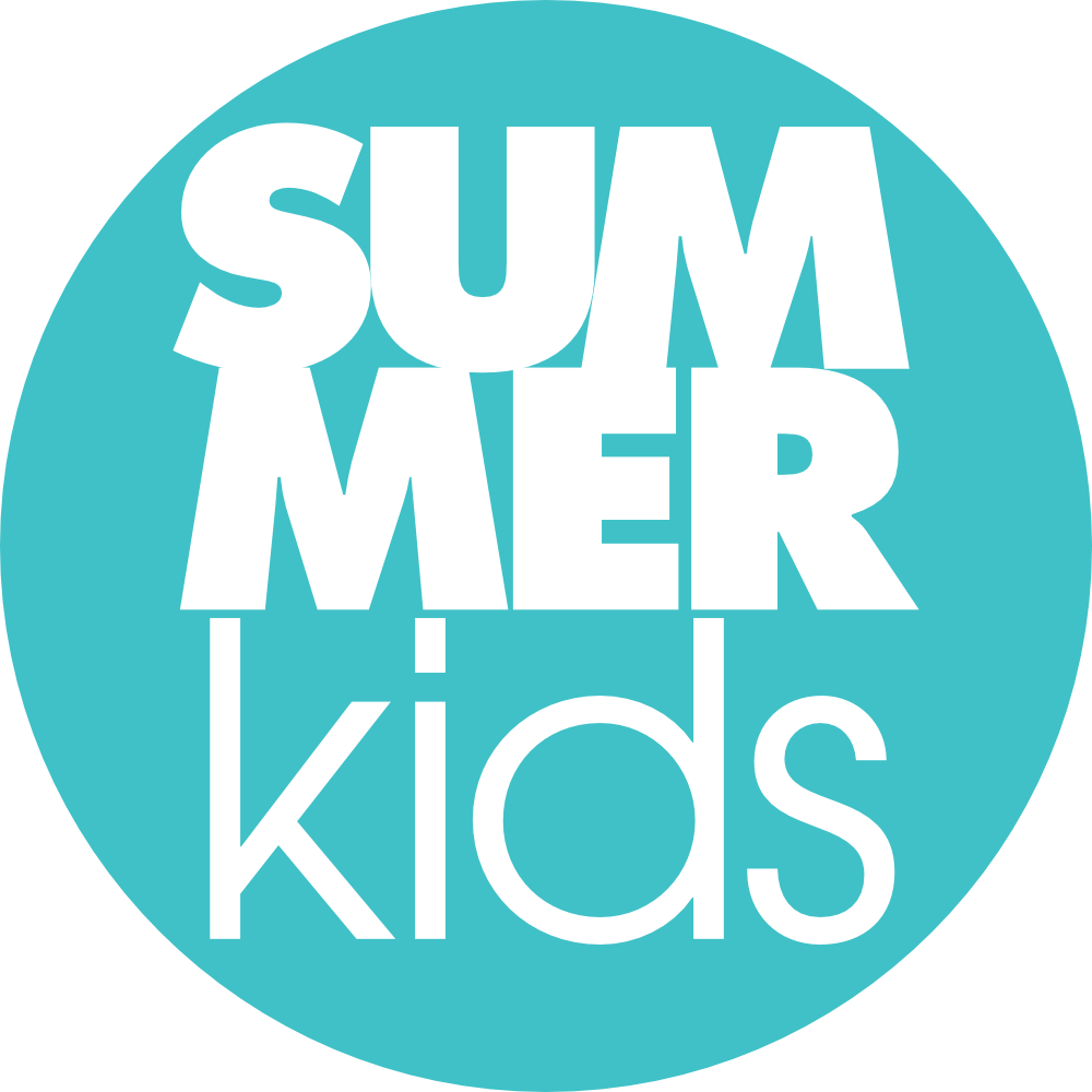 A circular logo with a teal background displaying the words "SUMMER kids" in large, white, bold, and stylized font.