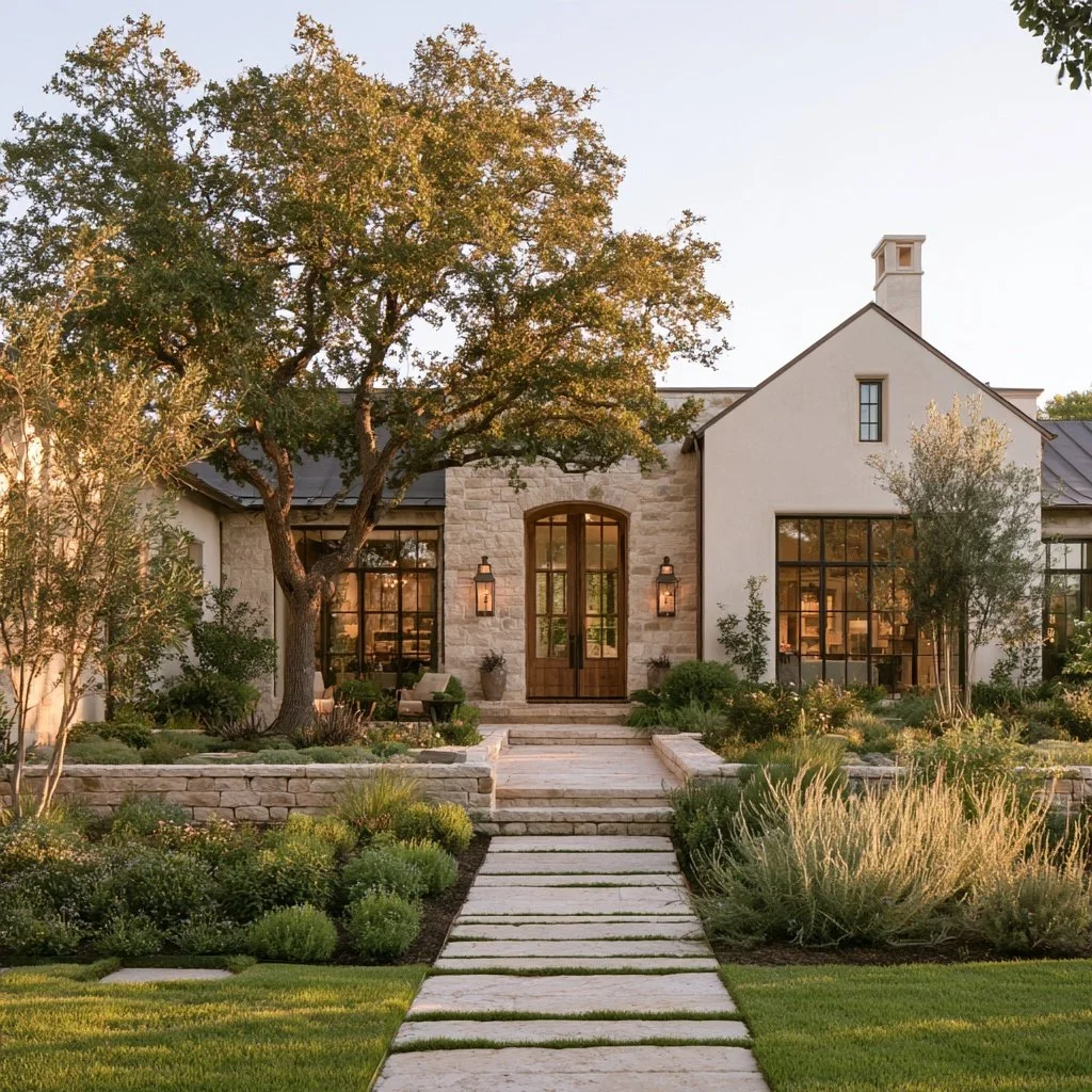 Hill country home with a landscaped front entry and walkway.