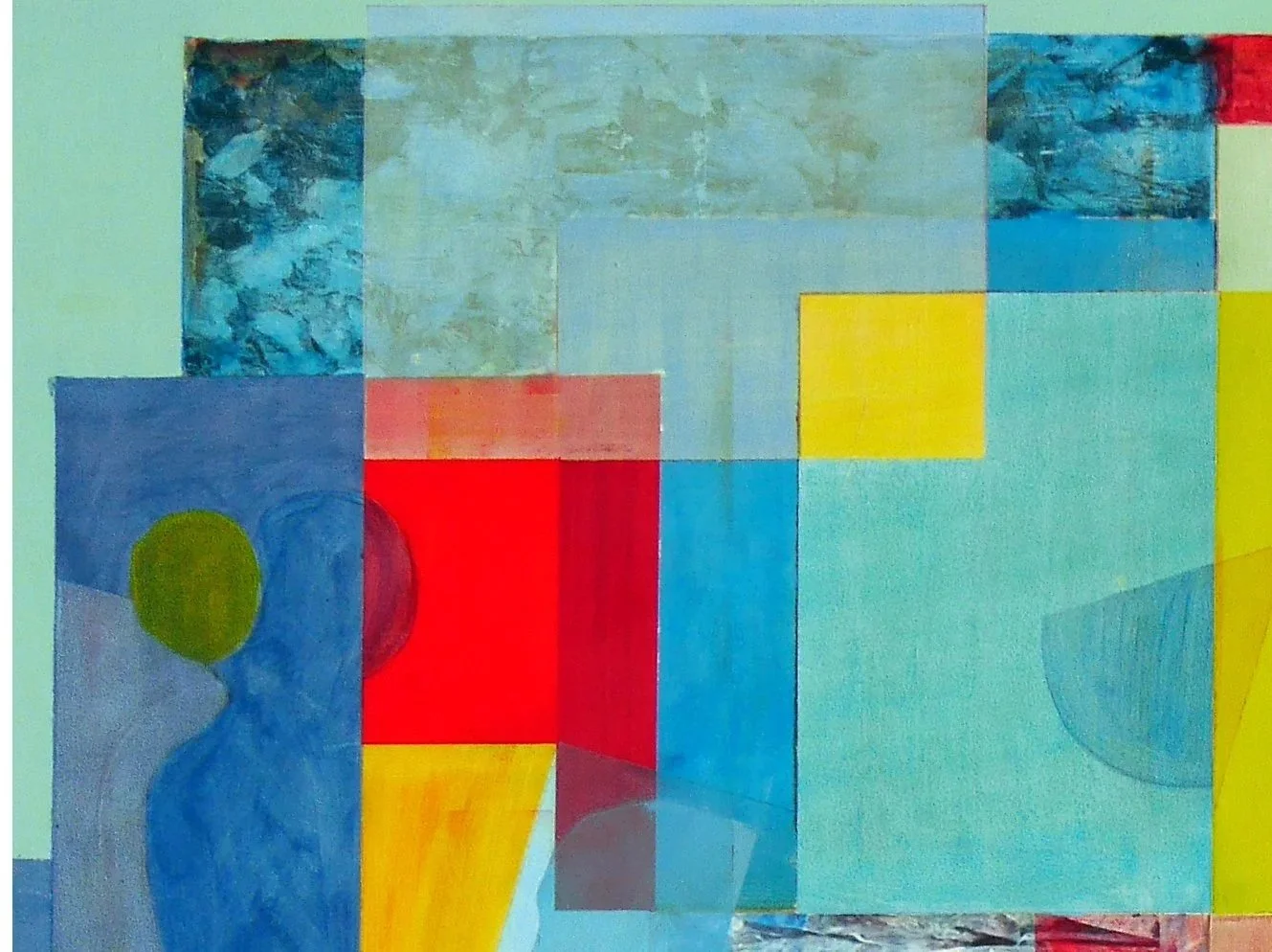 An abstract painting with geometric shapes and vibrant colors, including blue, red, yellow, and green, arranged in overlapping squares and rectangles.
