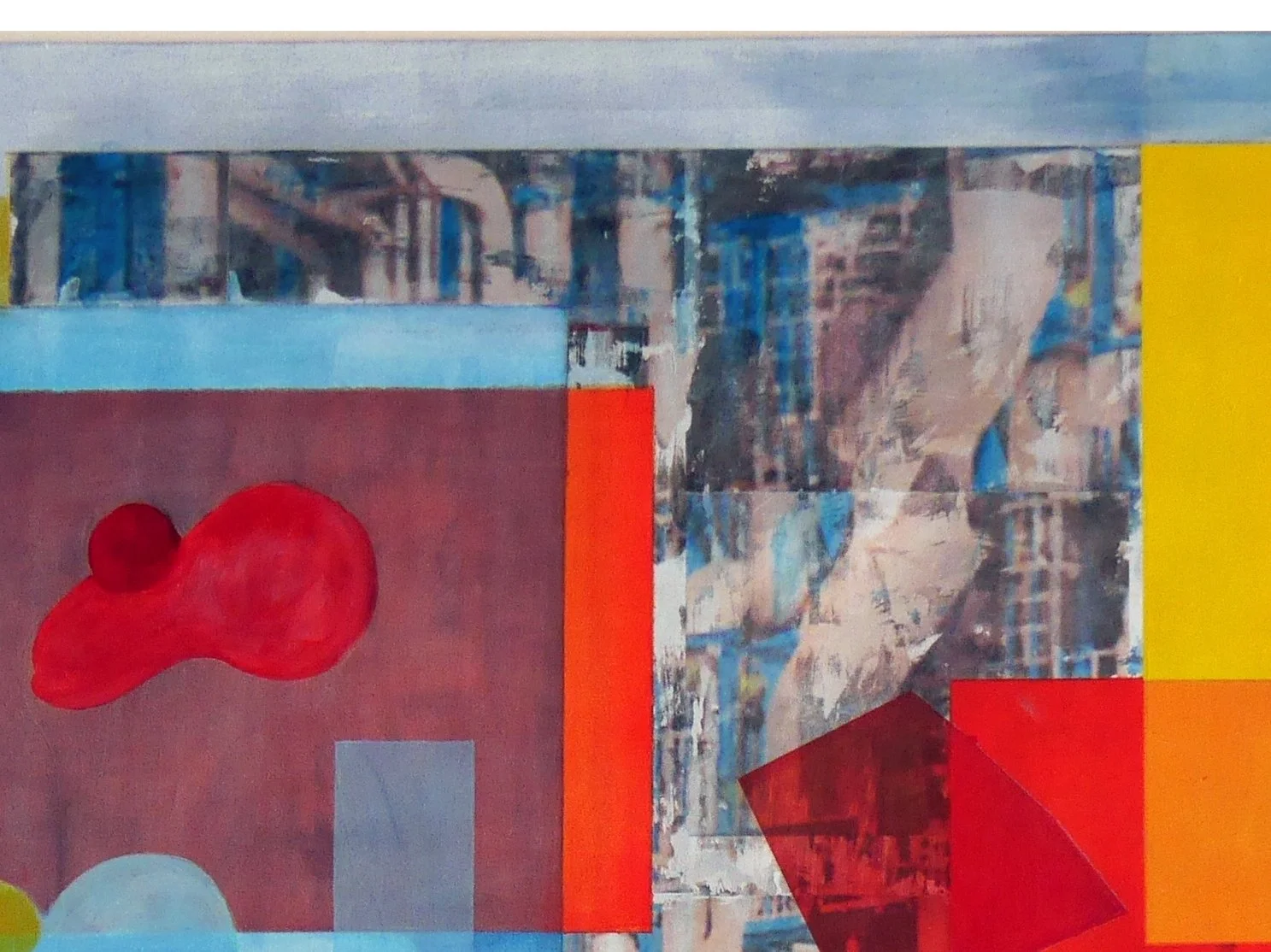 Abstract collage artwork with geometric shapes, red and yellow blocks, blue and beige patterns, and a red cloud-like shape on a muted background.