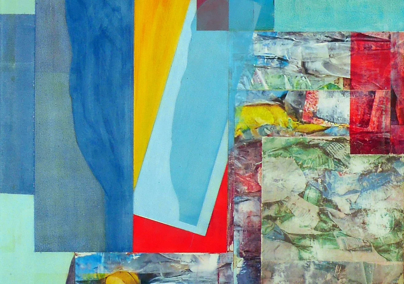 Abstract collage of various textured and painted papers with vibrant colors including blue, red, yellow, green, and gray.