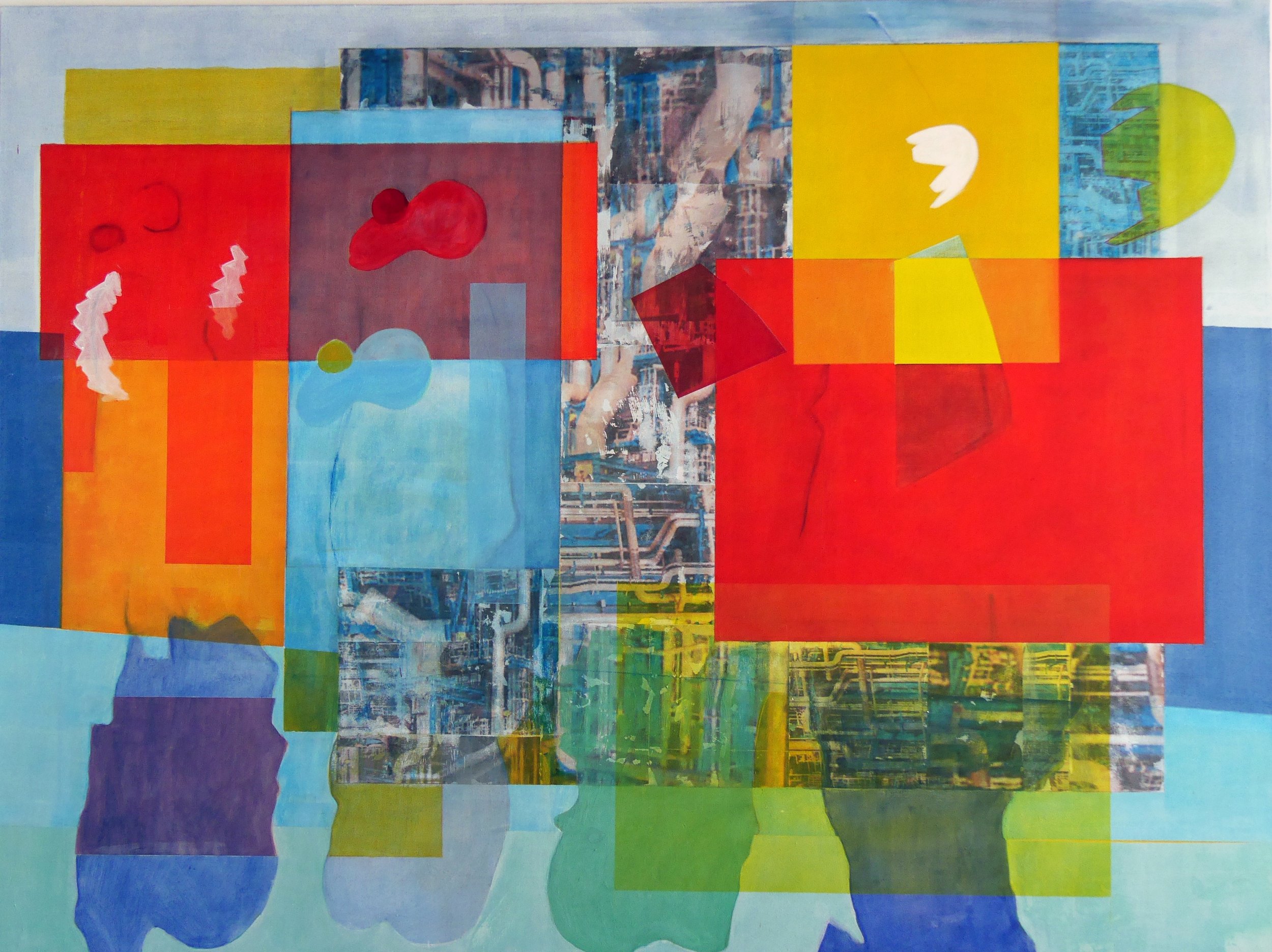 A collage of abstract shapes, bold colors, and urban images with red, yellow, green, blue, and purple blocks, overlapping and layered with some shapes resembling blobs or amorphous forms, and a background of cityscape photographs.