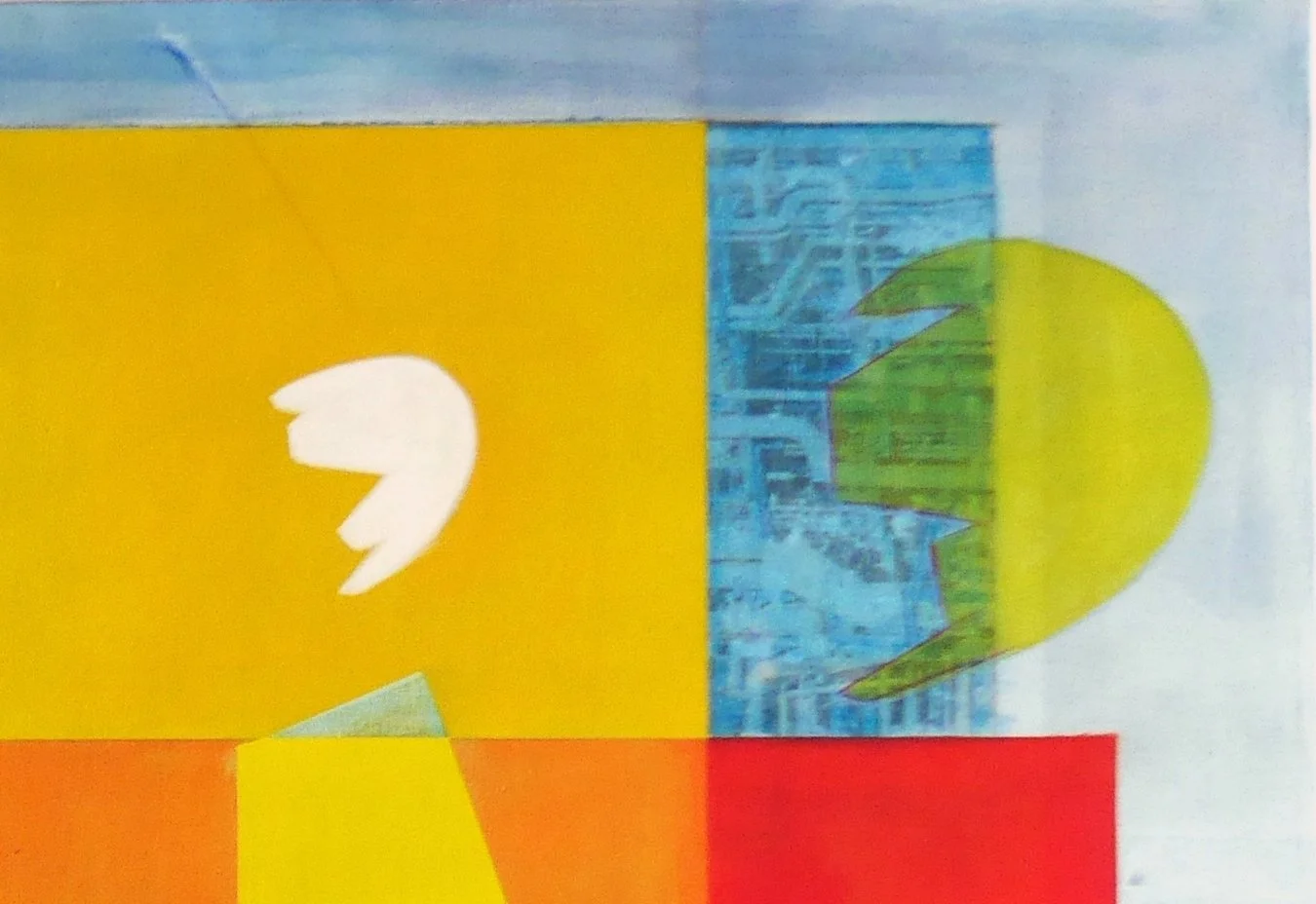 Colorful abstract painting with a yellow, blue, and red background and a stylized face in a circular shape with green hair on the right side.