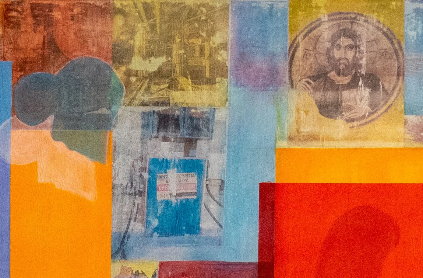 Abstract collage artwork with overlapping colors and images, including a dark-colored cloud shape, a faded vintage poster of Jesus Christ, and a yellow and orange background.