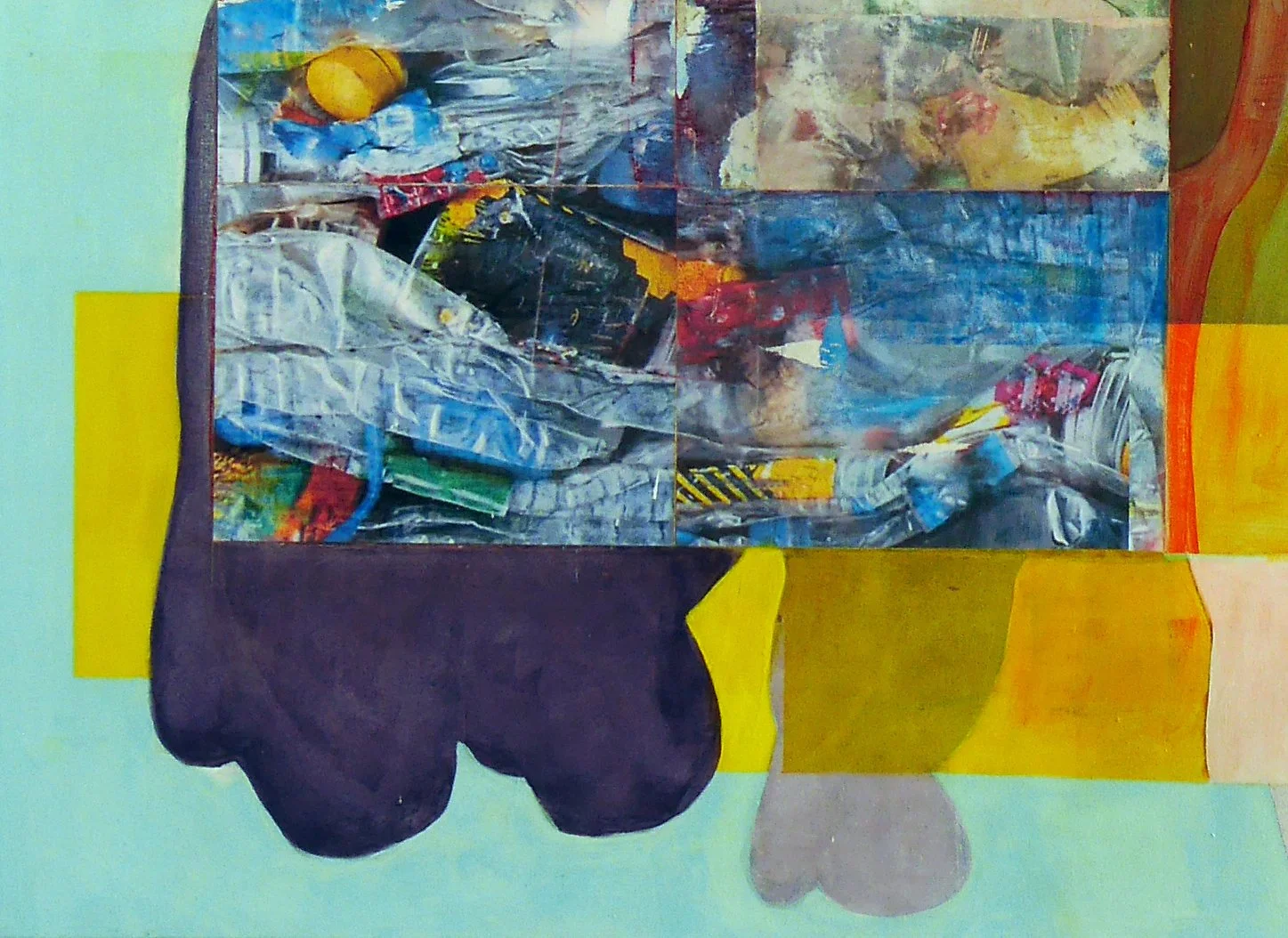 An abstract artwork made from painted newspaper clippings assembled on a canvas, with surrounding colorful geometric shapes.