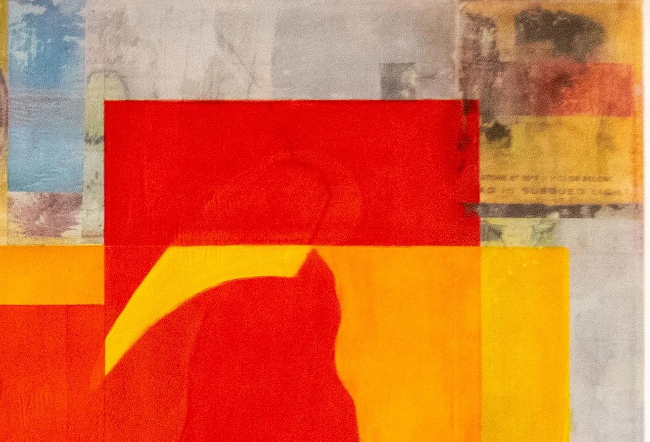 Abstract composition with red, orange, yellow, grey, and blue geometric shapes overlapping, with a silhouette of a cat's profile in red in the foreground.