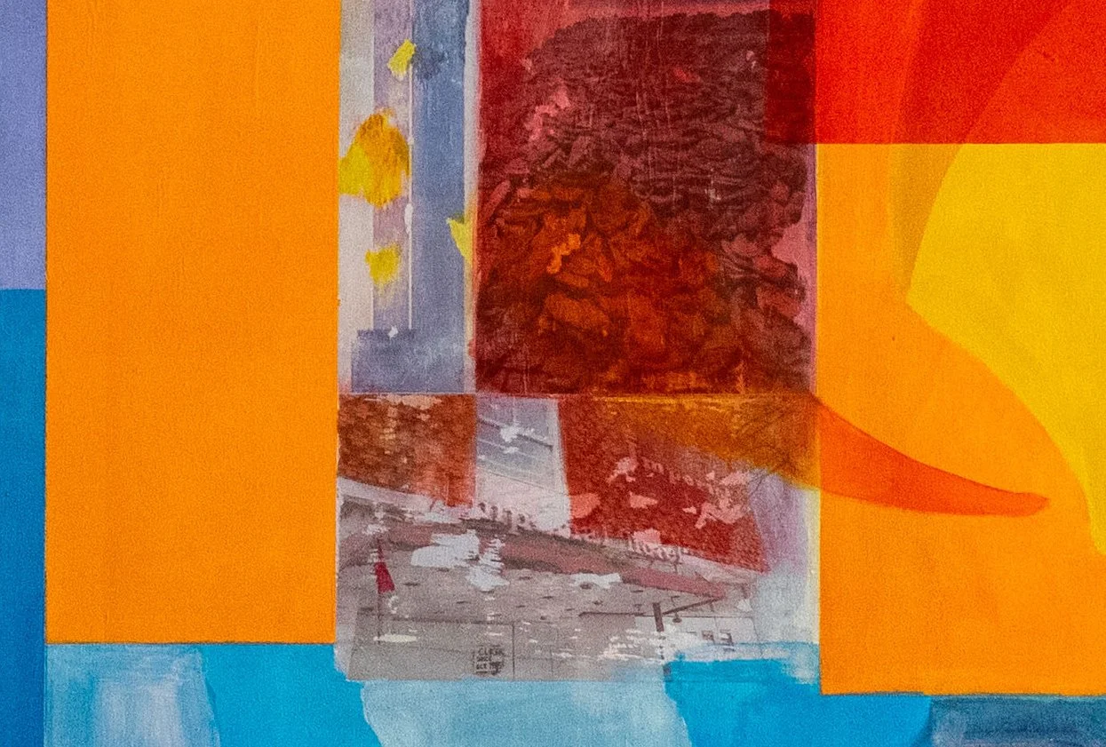 Abstract collage with vibrant orange, yellow, red, and blue geometric shapes layered over a street scene with buildings.