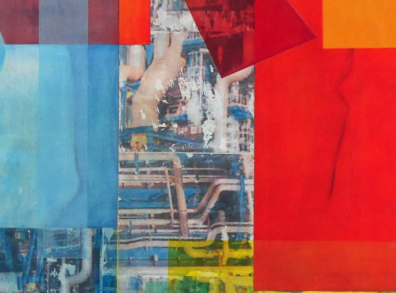 Colorful abstract collage with geometric shapes and a digitally manipulated cityscape in the background.
